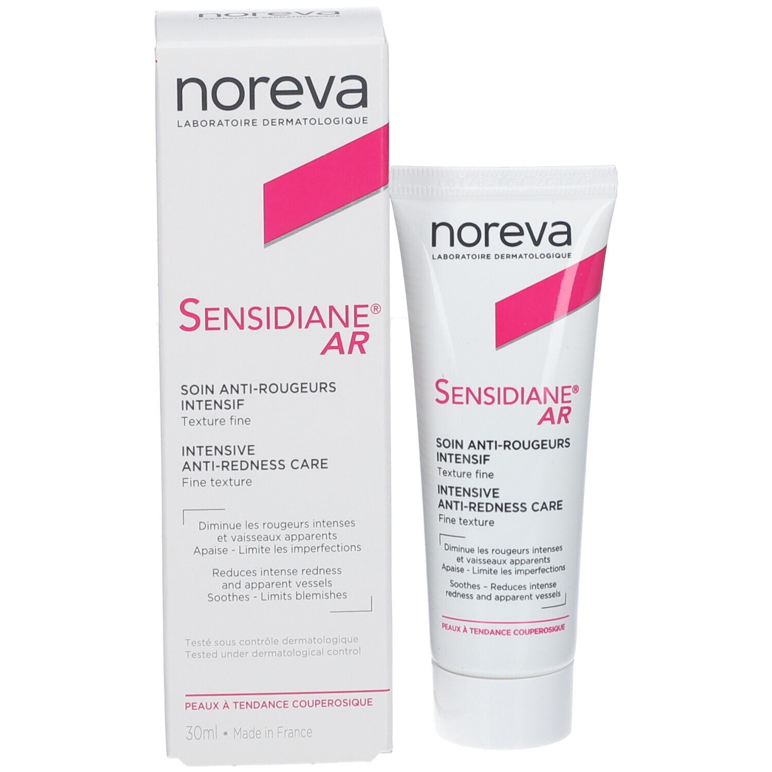 Prodotto e confezione. Tubo e scatola bianchi. Accento rosa. Nome prodotto: Sensidiane AR Intensif. 30ml.