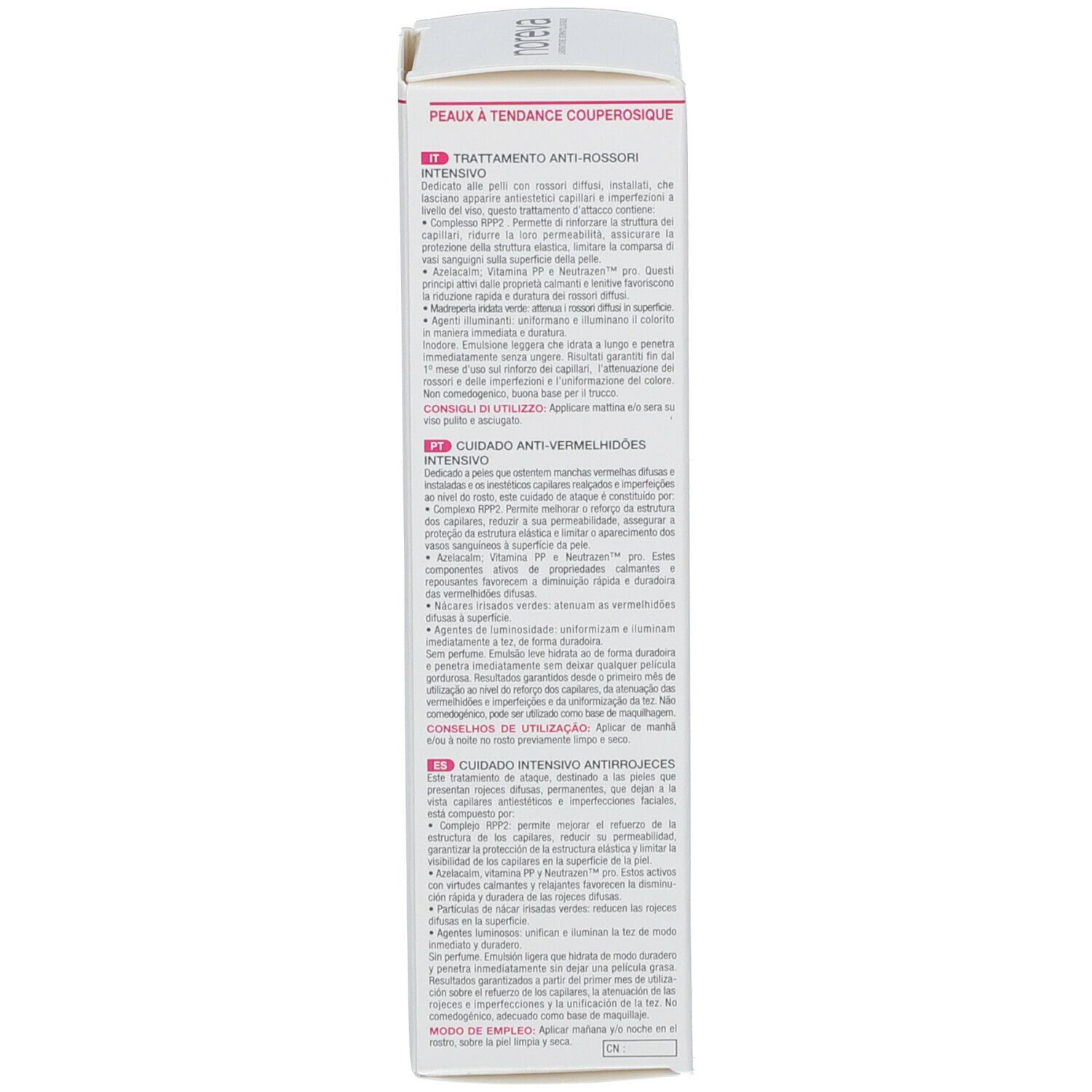 Retro della scatola. Testo multilingue. Nome prodotto: Sensidiane AR Intensif. Ingredienti.