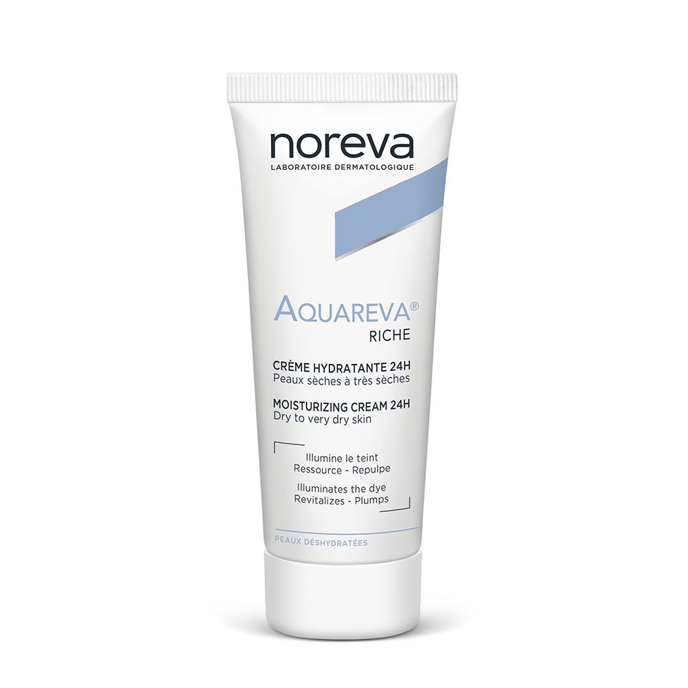 Tubo bianco con logo "noreva" e scritta "Aquareva Riche". Crema per pelli secche.