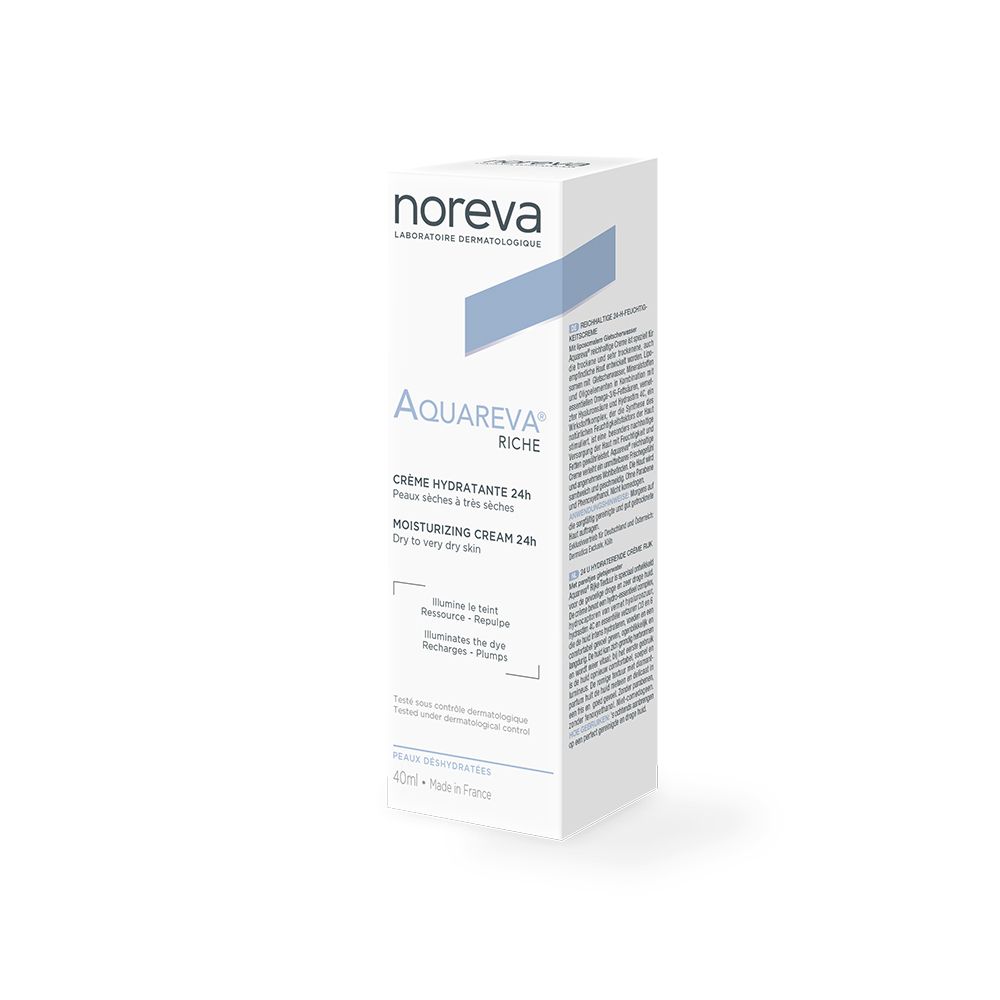 Confezione in cartone con logo "noreva" e scritta "Aquareva Riche". Crema per pelli secche.