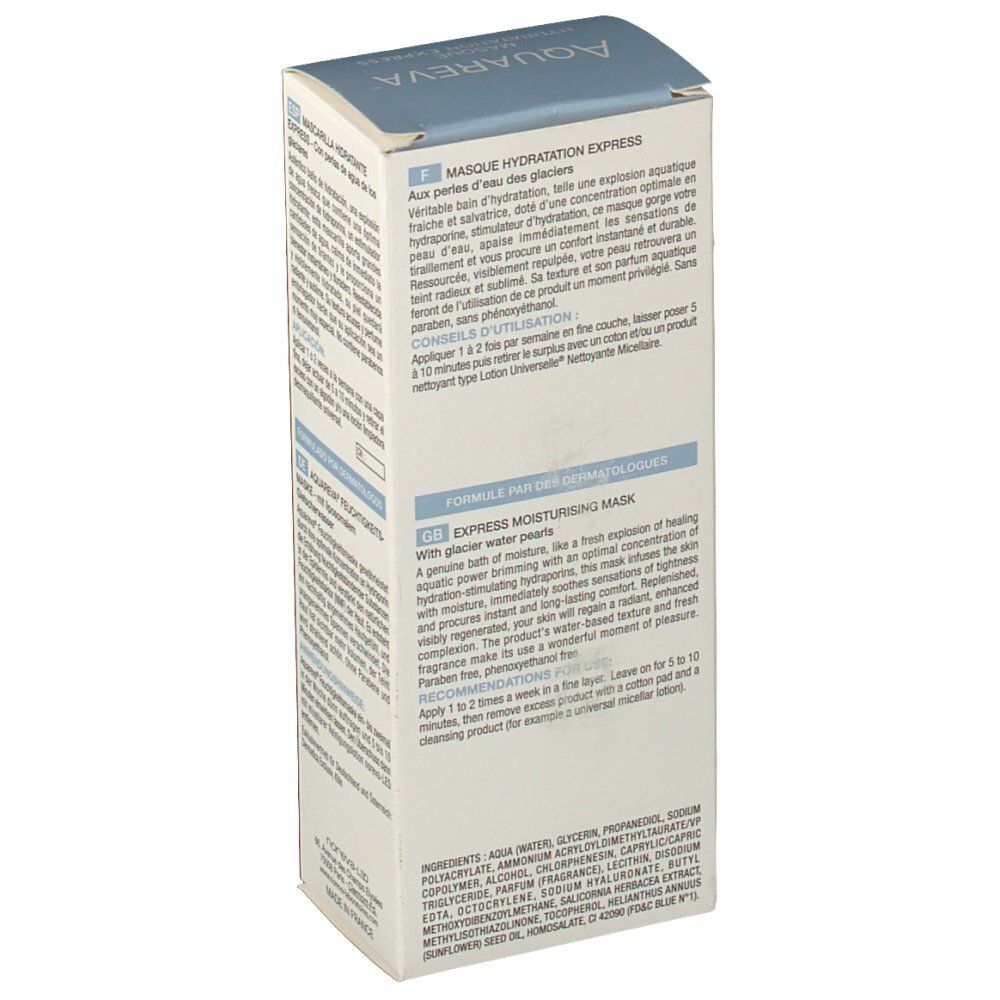 Confezione con testo. "Aquareva" in alto. Testo in più lingue sotto. Ingredienti e istruzioni per l'uso.