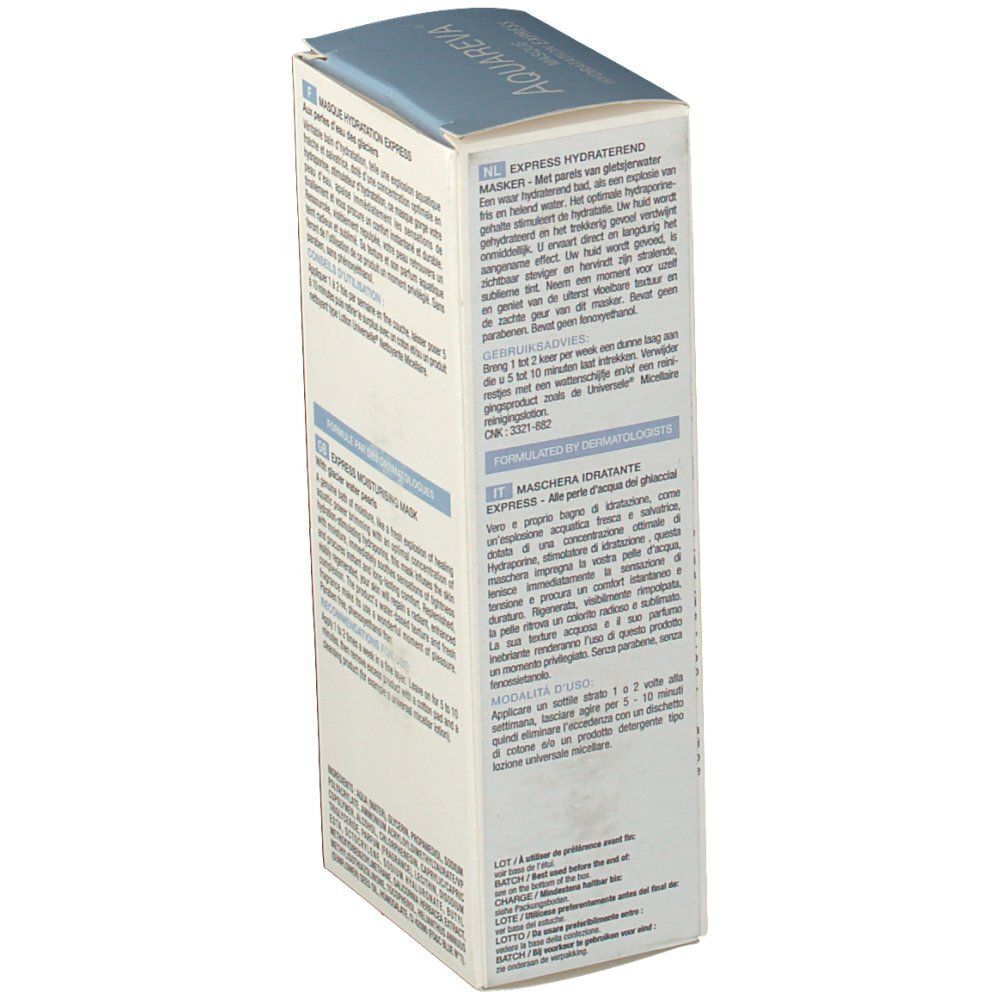 Confezione con testo. "Aquareva" in alto. Testo in più lingue. Ingredienti e istruzioni per l'uso.