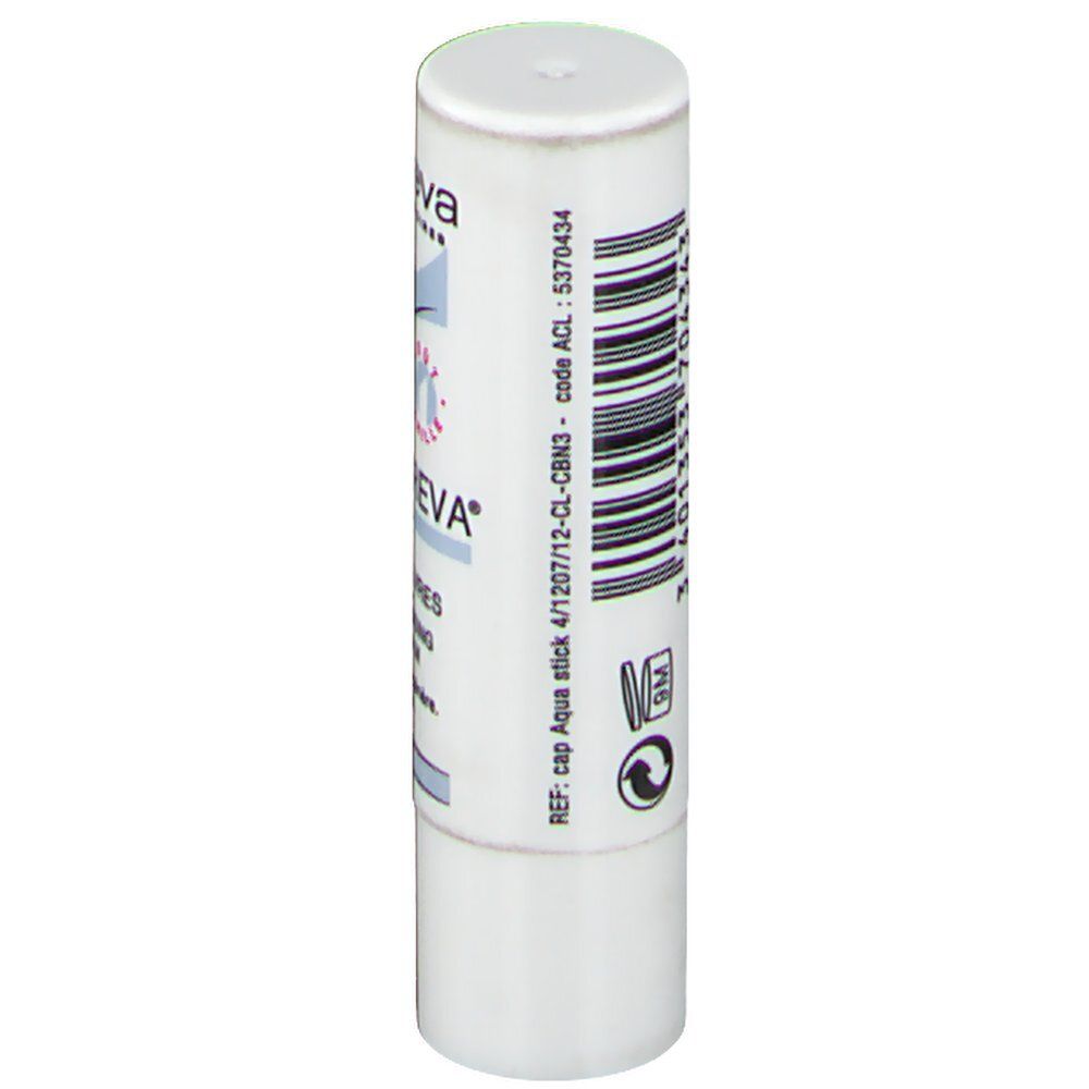 Stick bianco con logo blu e rosa. Scritta: 'EVA', 'Aqua stick'. Codice a barre e simbolo 9M visibili.