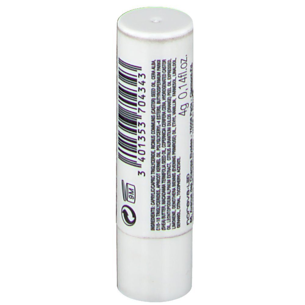 Stick di balsamo labbra bianco con codice a barre nero e informazioni sul prodotto.