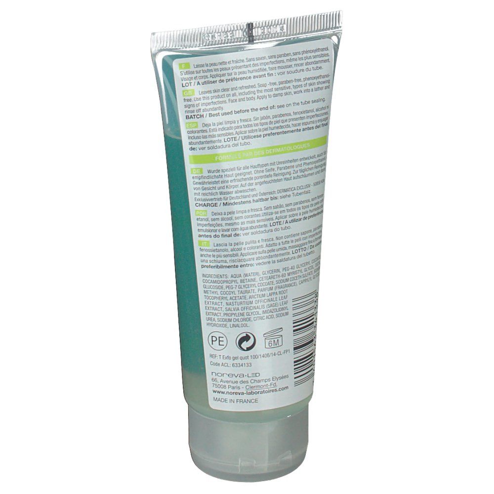 Retro di un tubo con gel verde. Testo multilingue. Contiene informazioni sugli ingredienti e il produttore.