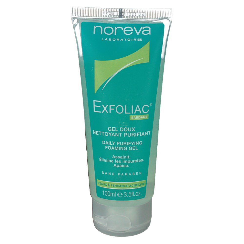 Tubo trasparente con gel verde. Scritta: Exfoliac, Gel doux nettoyant purifiant, sans paraben. Marchio: Noreva.