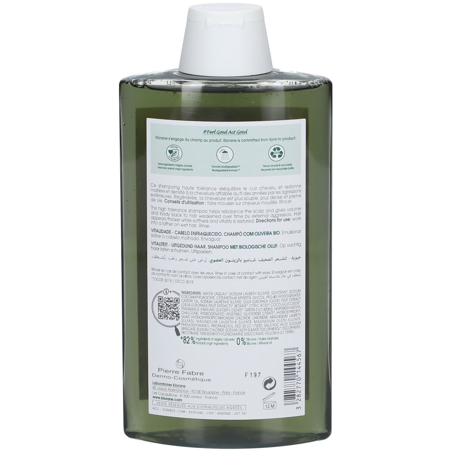 Retro di un flacone di shampoo verde. Etichetta con testo, ingredienti, simboli di riciclaggio e codice QR.