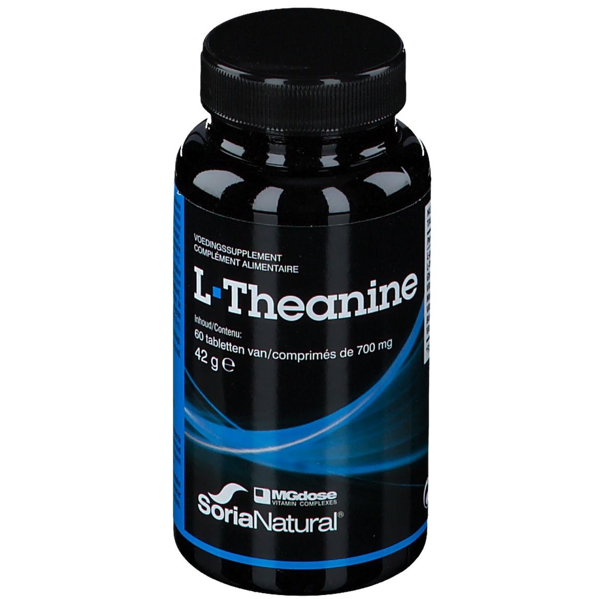 Flacone nero di compresse di L-Teanina. Scritta: L-Theanine, 60 compresse, 42g. Marchio: SoriaNatural, MGDose.