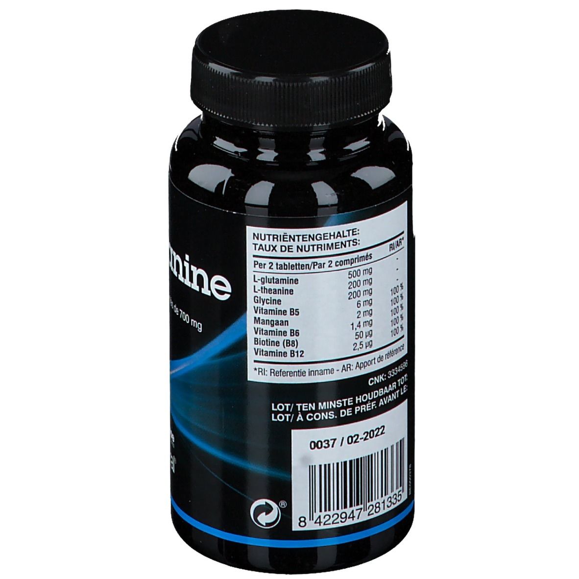 Retro del flacone nero con informazioni nutrizionali delle compresse di L-Teanina. Contiene L-Glutammina, Glicina, vitamine.