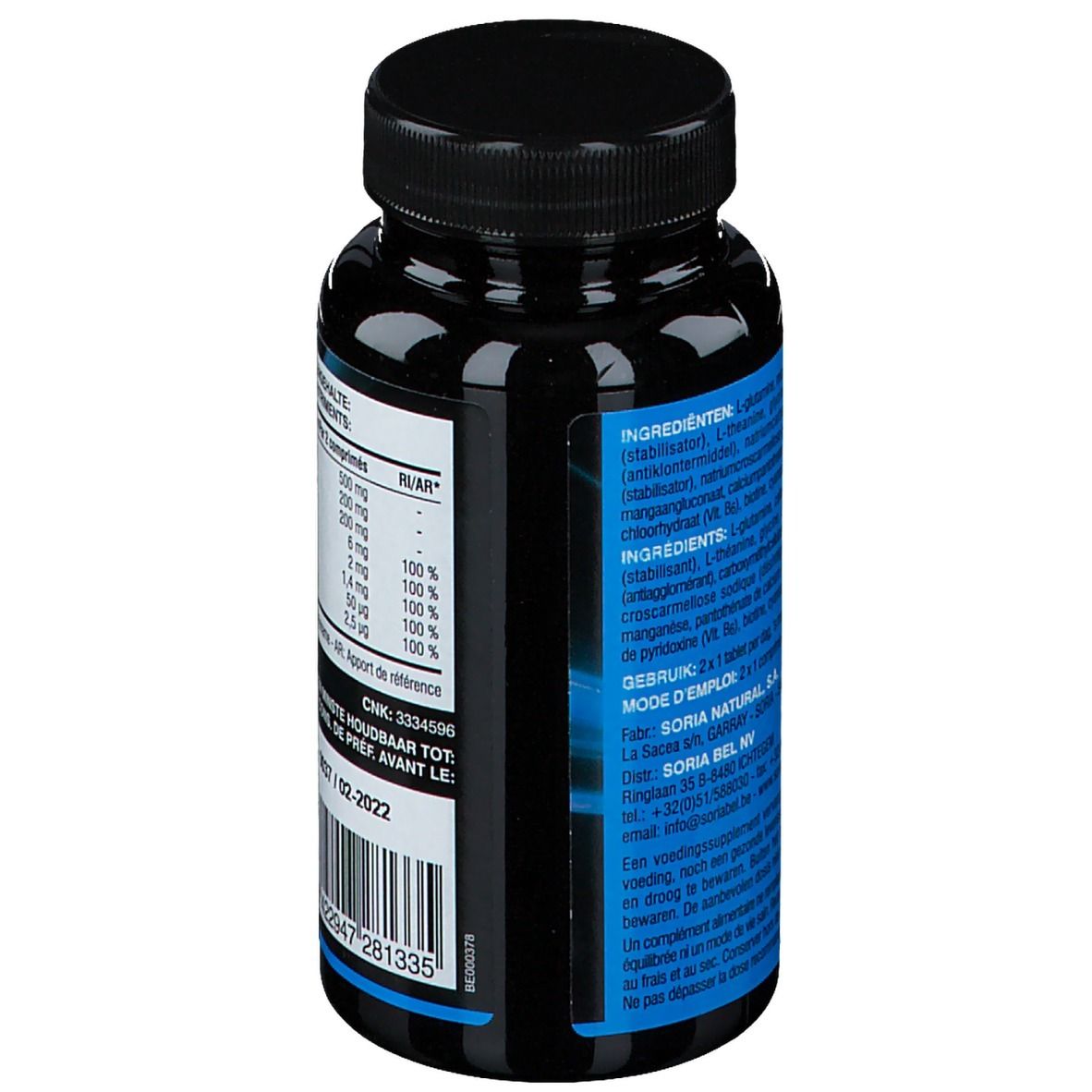 Vista laterale del flacone nero con ingredienti e istruzioni per l'uso delle compresse di L-Teanina. Marchio: SoriaNatural.