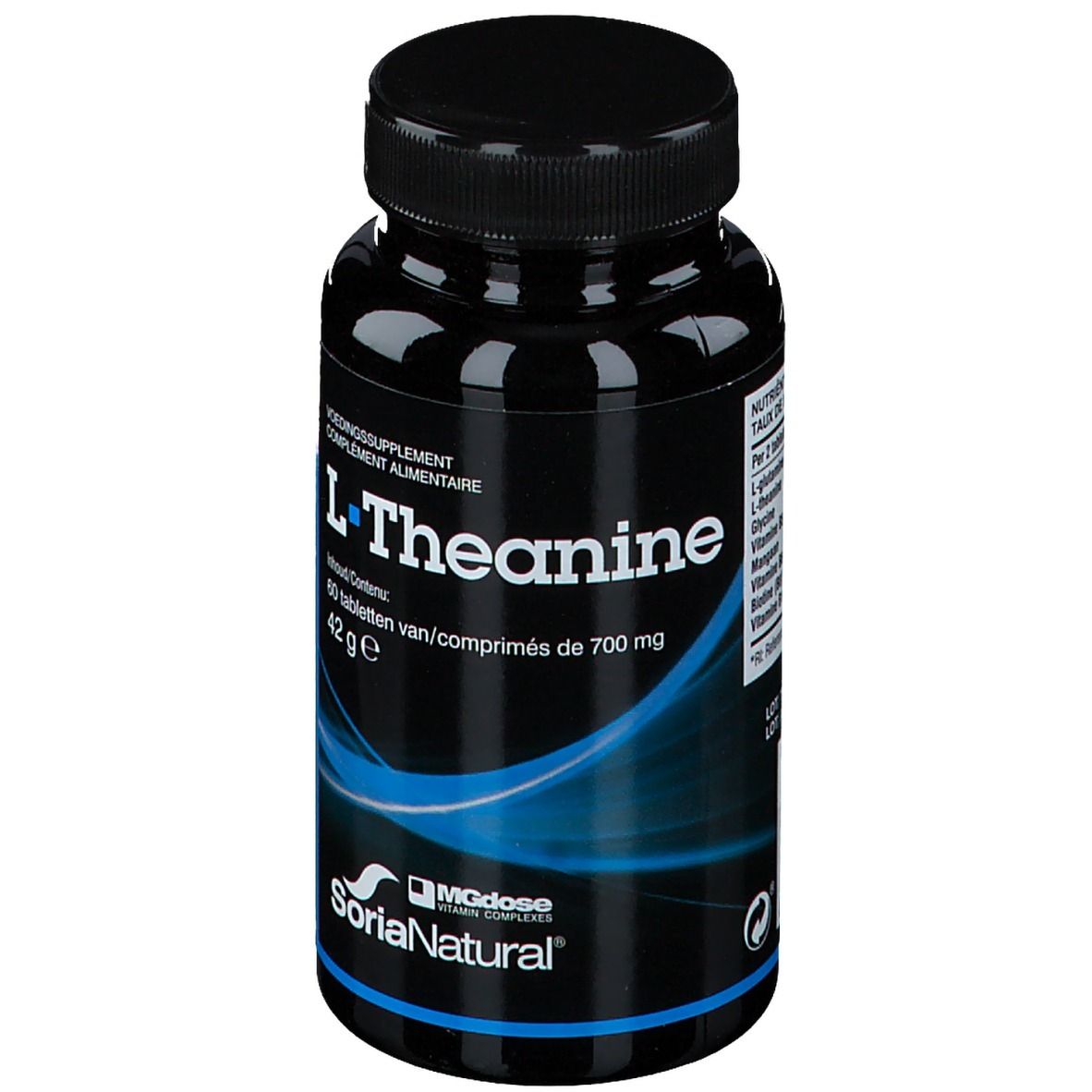 Flacone nero di compresse di L-Teanina. Scritta: L-Theanine, 60 compresse, 42g. Marchio: SoriaNatural, MGDose.