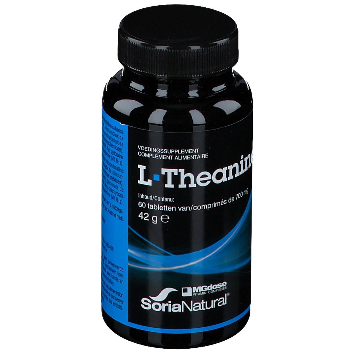 Flacone nero di compresse di L-Teanina. Scritta: L-Theanine, 60 compresse, 42g. Marchio: SoriaNatural, MGDose.