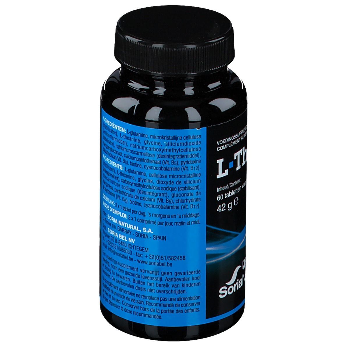 Vista laterale del flacone nero con ingredienti e istruzioni per l'uso delle compresse di L-Teanina. Marchio: SoriaNatural.