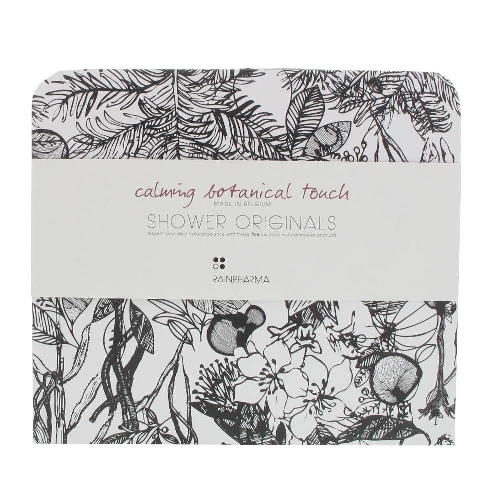 Valigia con motivo floreale. Testo: "calming botanical touch", "SHOWER ORIGINALS", "RAINPHARMA".