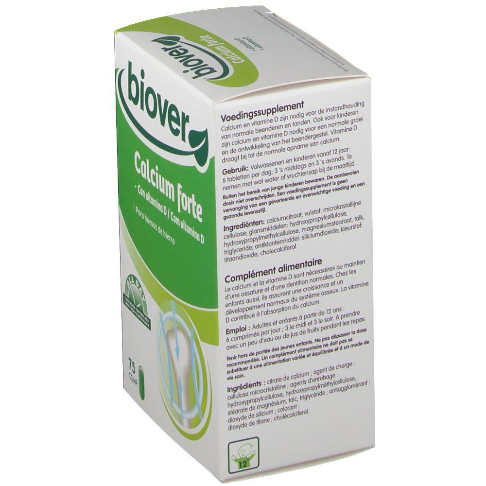 Retro della confezione Biover Calcium Forte. Contiene informazioni su ingredienti e utilizzo.