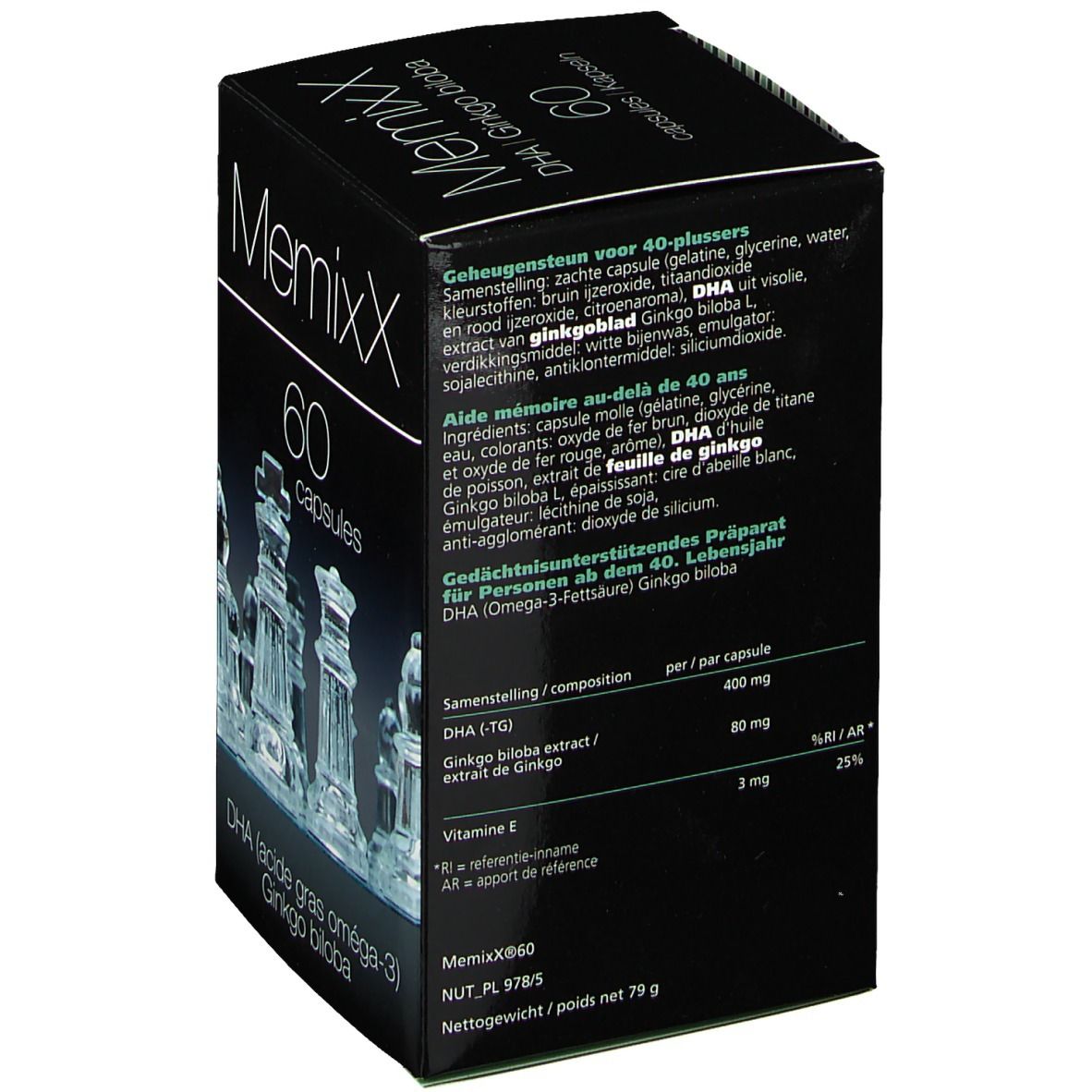 Scatola nera MemixX con 60 capsule. Dettagli ingredienti e valori nutrizionali.