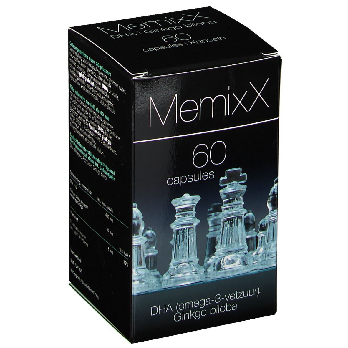 Scatola nera MemixX con 60 capsule. Contiene DHA e Ginkgo biloba. Design con figure di scacchi.