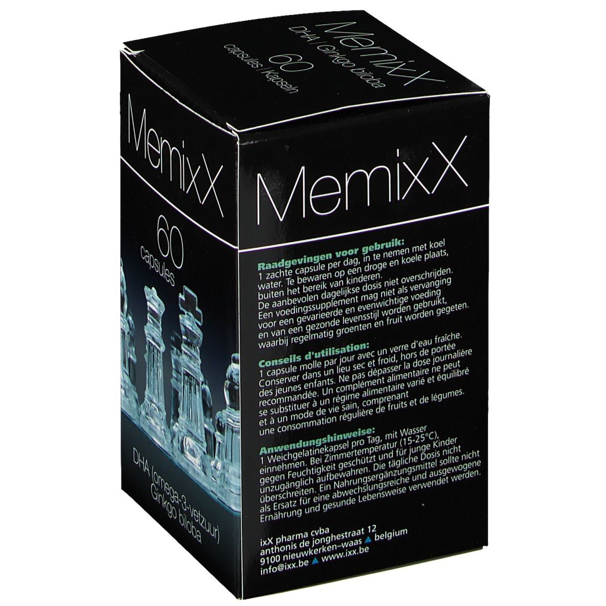 Scatola nera MemixX con 60 capsule. Contiene DHA e Ginkgo biloba. Istruzioni per l'uso.