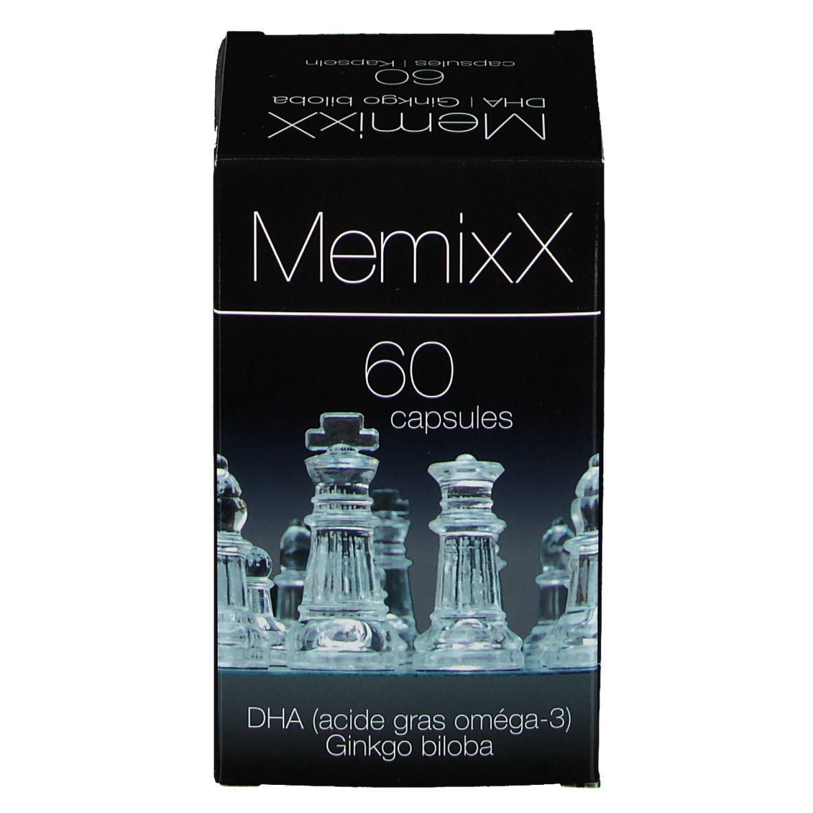 Scatola nera MemixX con 60 capsule. Contiene DHA e Ginkgo biloba. Design con figure di scacchi.