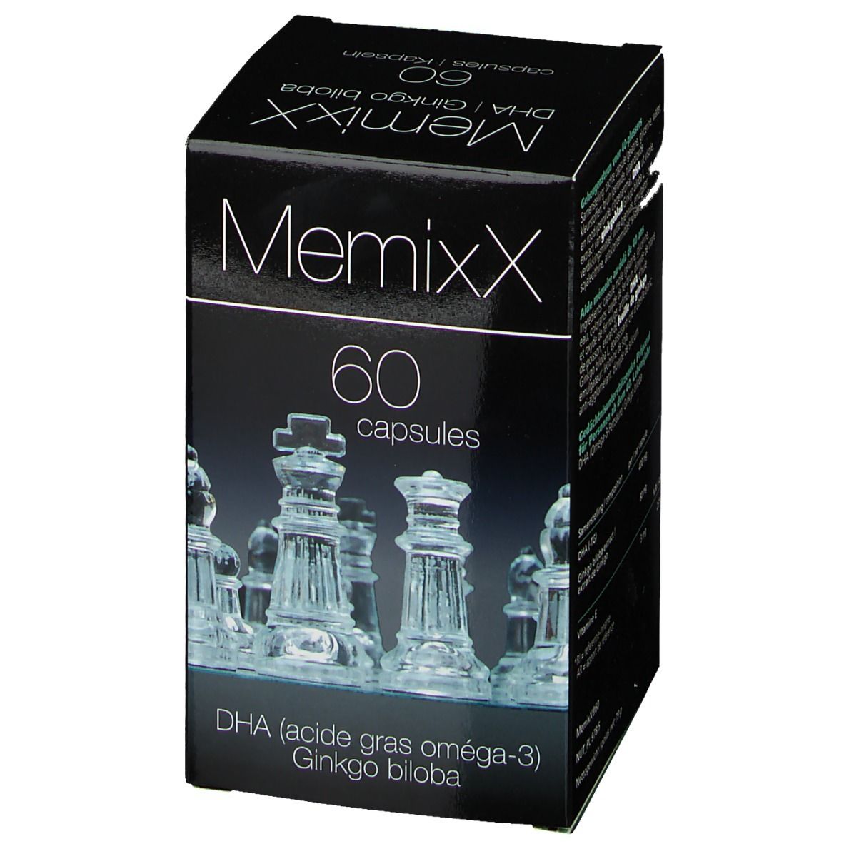 Scatola nera MemixX con 60 capsule. Contiene DHA e Ginkgo biloba. Design con figure di scacchi.