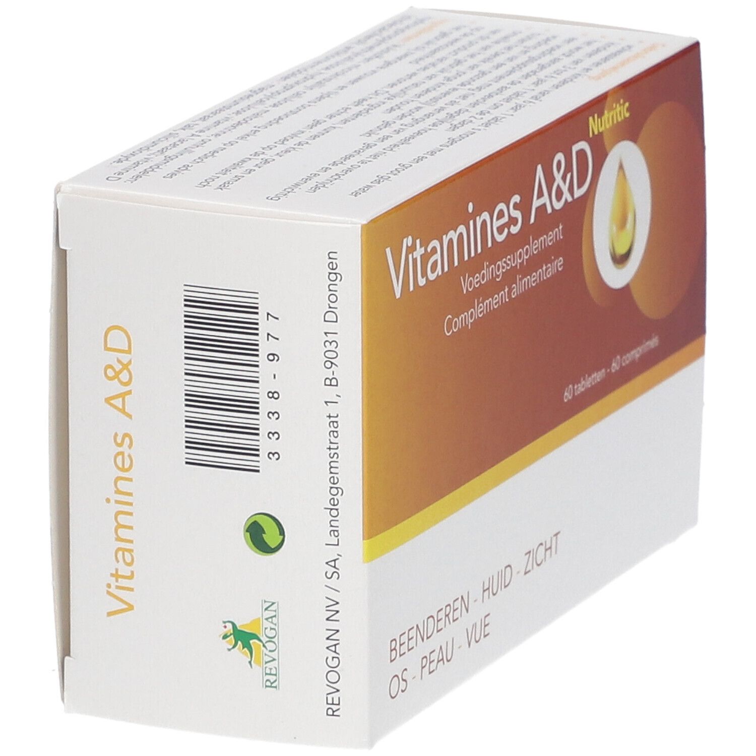 Vista laterale della scatola di Vitamine A&D. Integratore alimentare.
