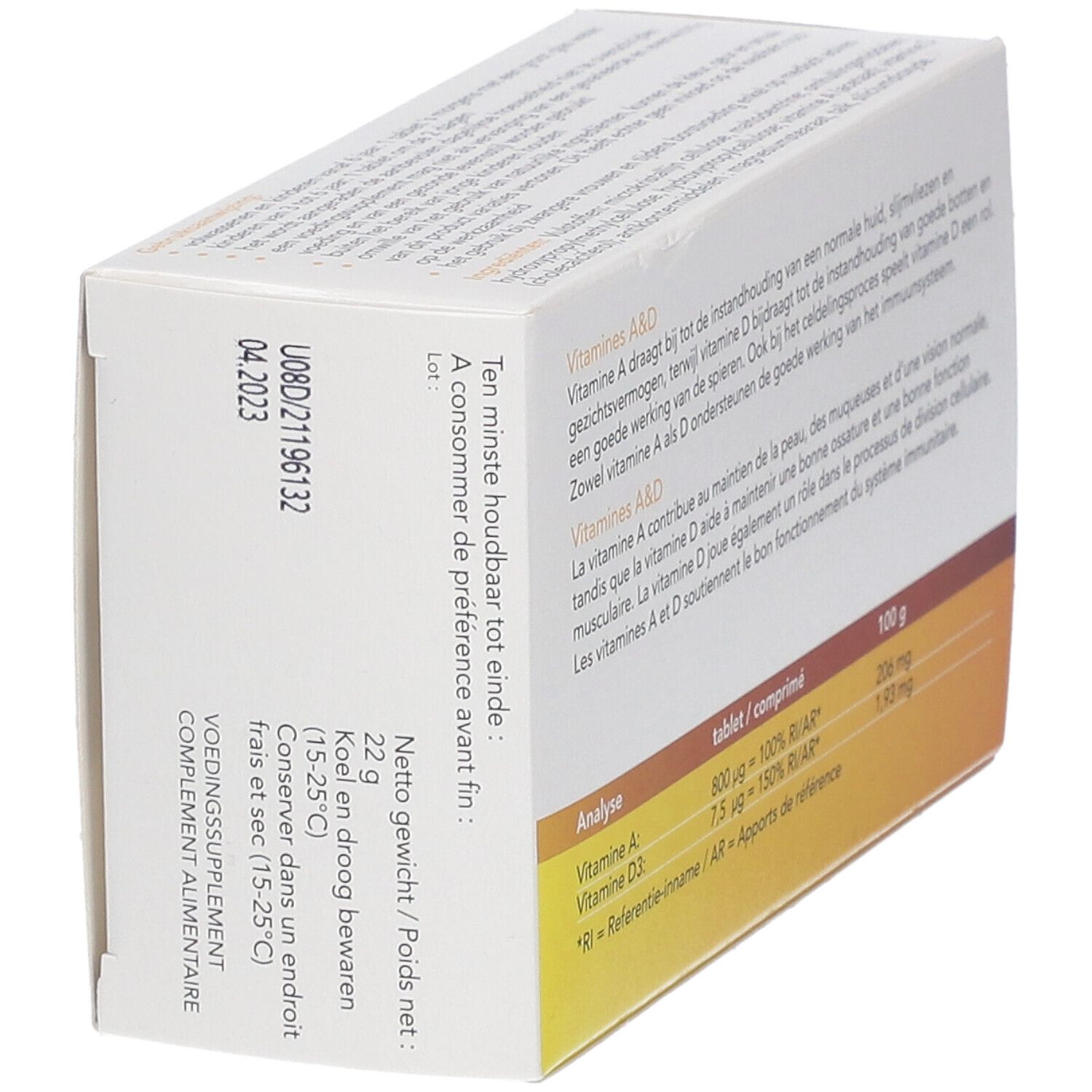 Retro della scatola di Vitamine A&D con data di scadenza e consigli di conservazione.