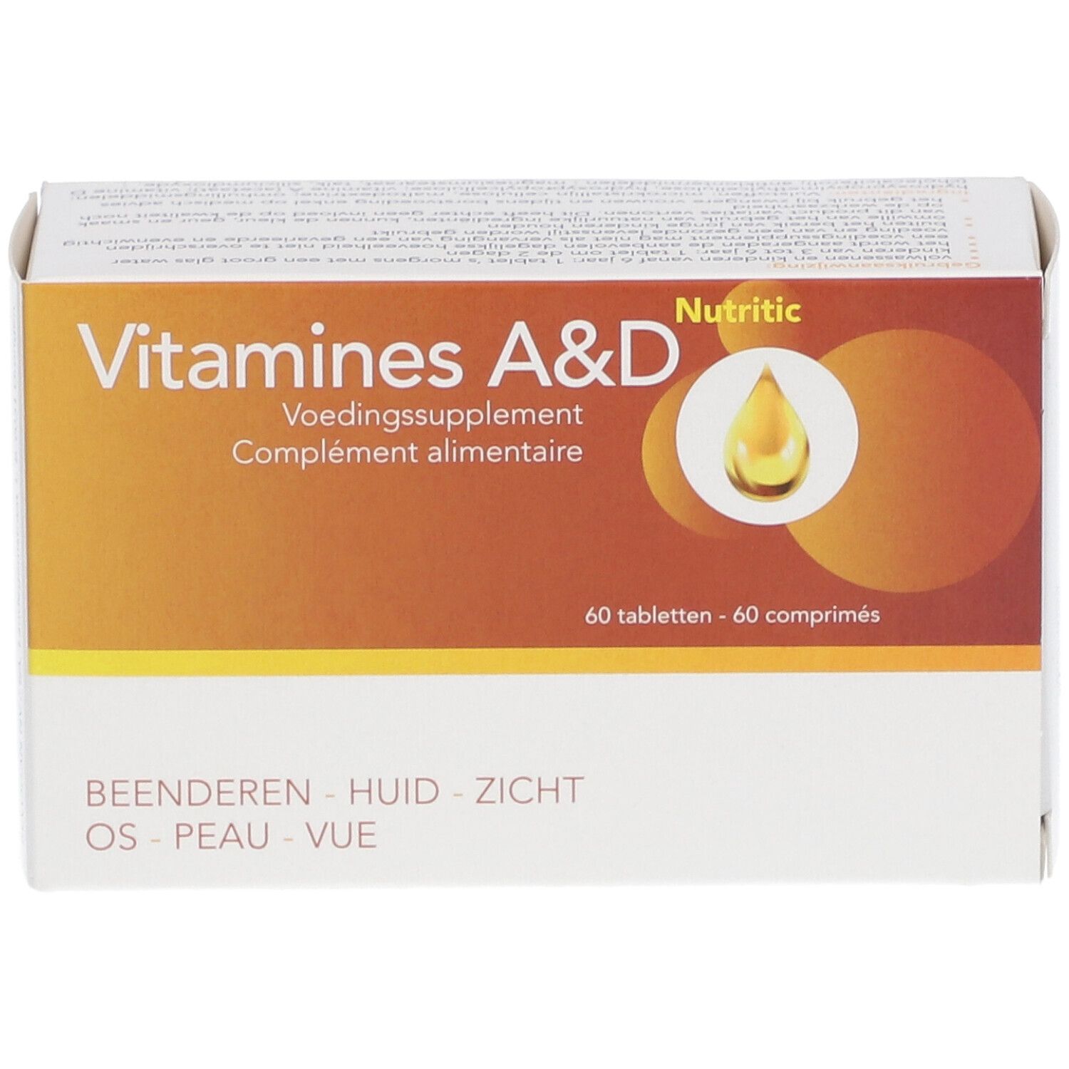 Scatola di Vitamine A&D, integratore alimentare. Contiene 60 compresse.