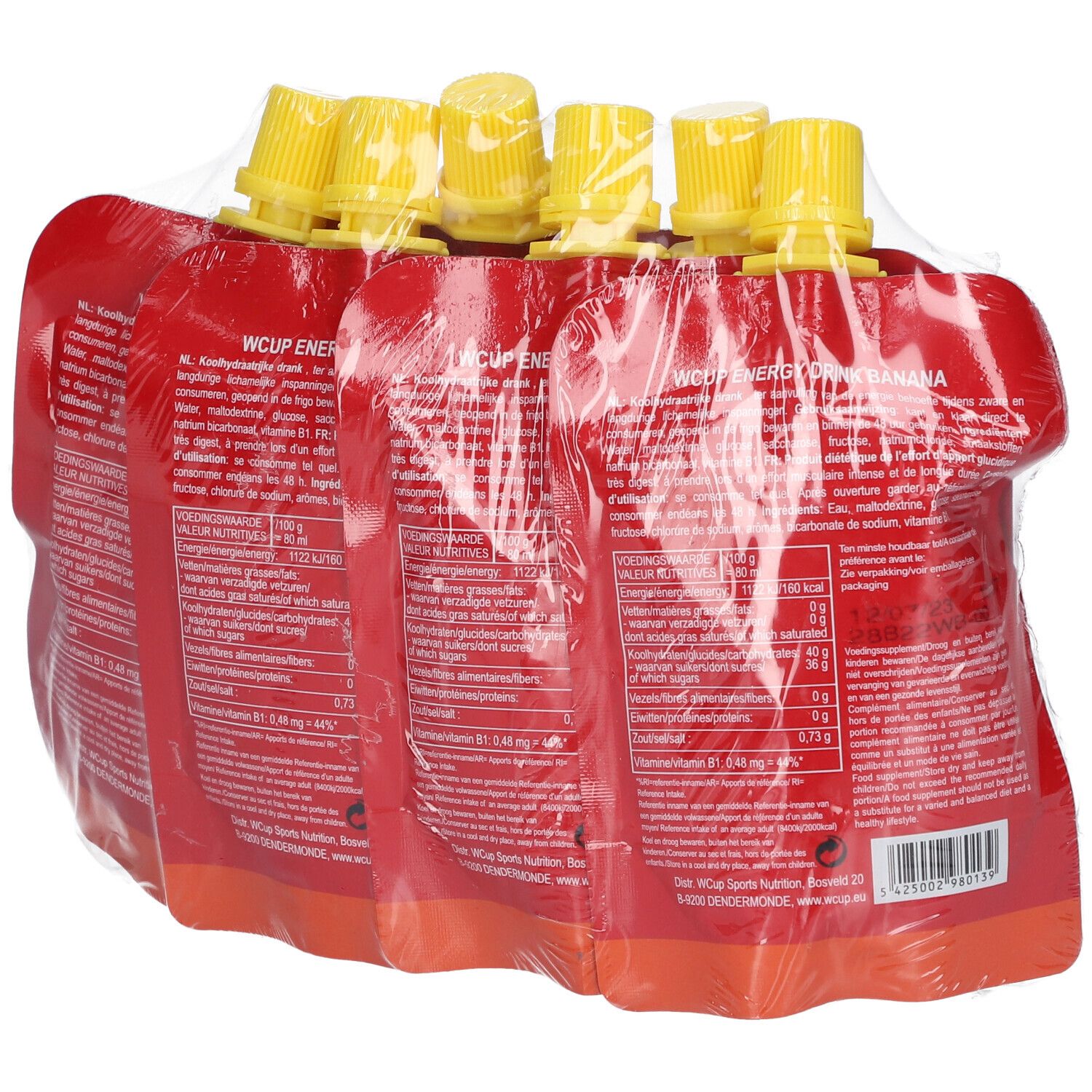 Retro di una confezione da 6 bustine rosse. Stampa con informazioni nutrizionali e ingredienti.