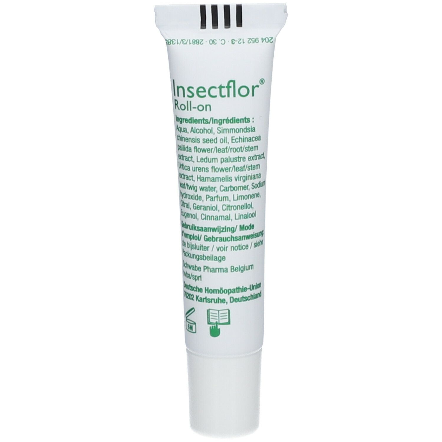 Tubo con ingredienti e informazioni del produttore. Scritta: Insectflor, Roll-on. Testo in tedesco.