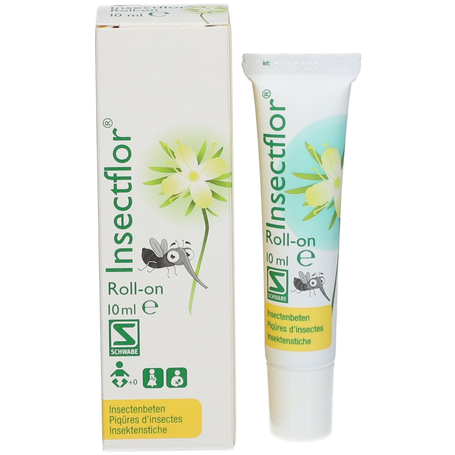 Scatola e tubo. Scritta: Insectflor, Roll-on, 10 ml. Illustrazione di un fiore e di un insetto. Logo.