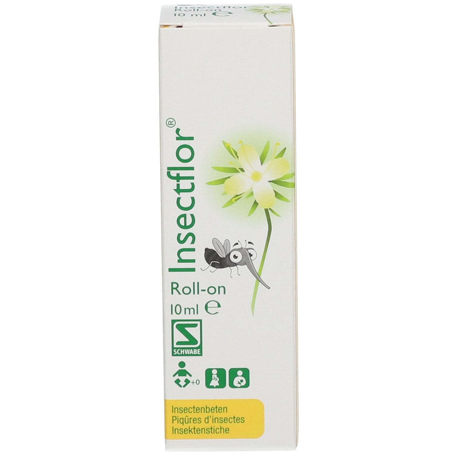 Scatola con scritta: Insectflor, Roll-on, 10 ml. Illustrazione di un fiore e di un insetto. Logo.