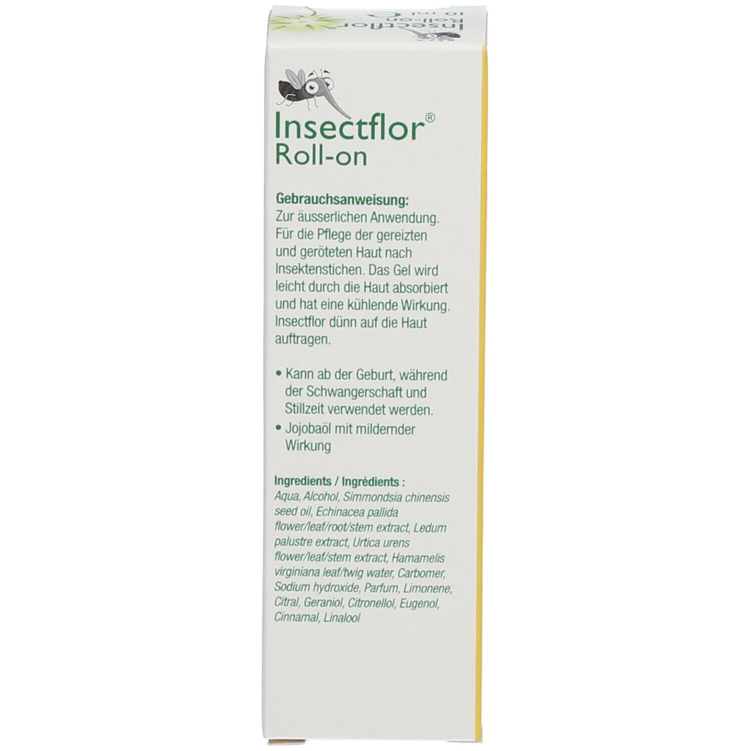 Scatola, gialla. Scritta: Insectflor, Roll-on. Istruzioni per l'uso in tedesco. Ingredienti.