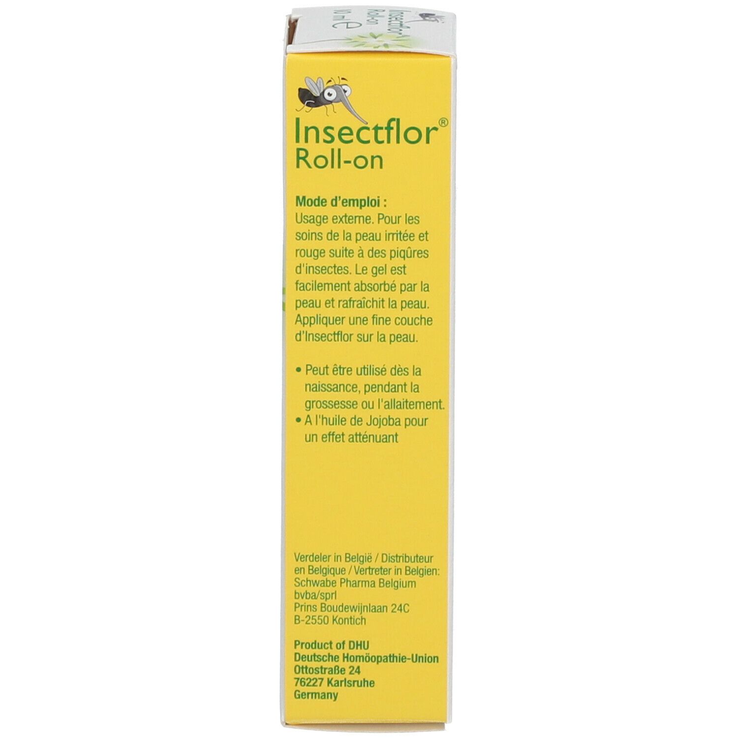 Scatola, gialla. Scritta: Insectflor, Roll-on. Istruzioni per l'uso in francese.