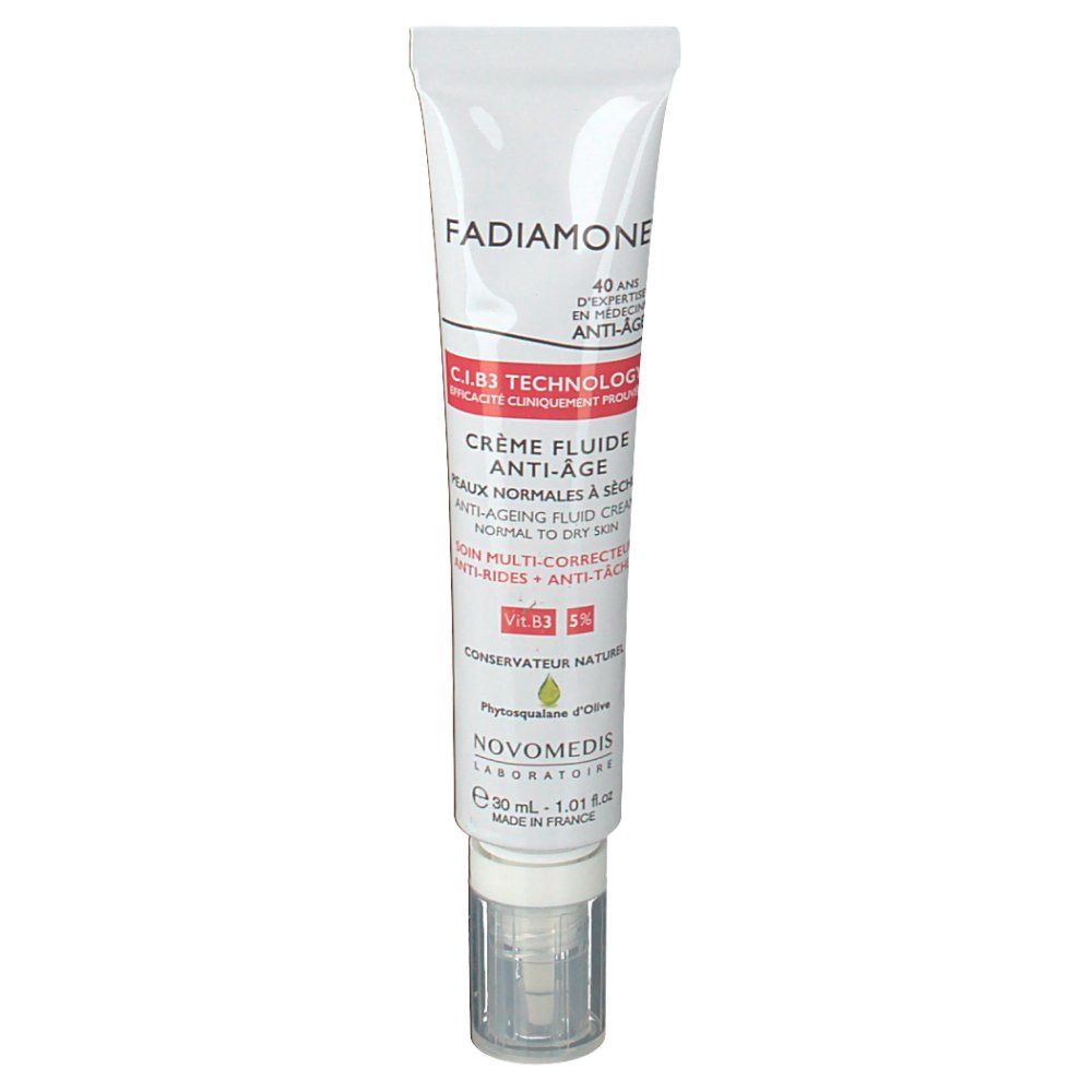 Tubo bianco con scritta Fadiamone®. Crema fluida anti-età. Con dosatore. Testo in francese.