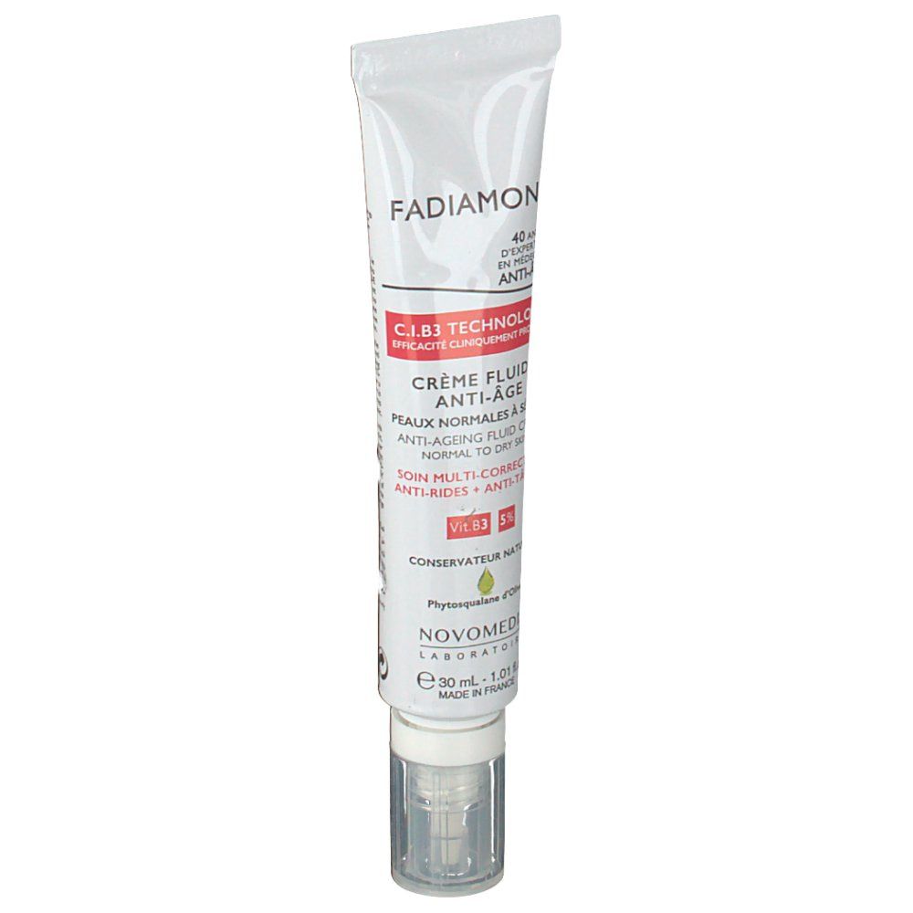 Tubo bianco con scritta Fadiamone®. Crema fluida. Con dosatore. Testo in francese.