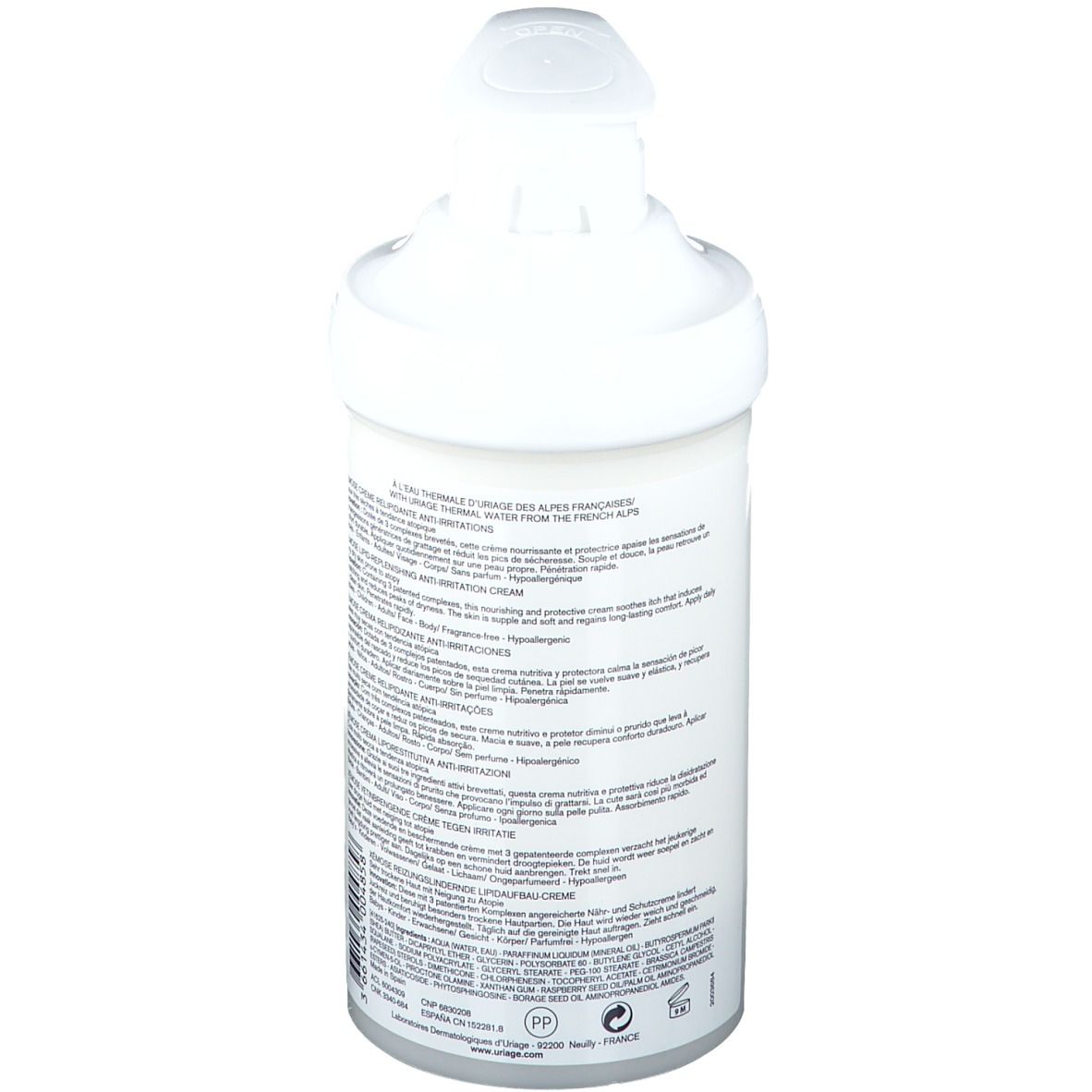 Flacone bianco con dosatore. Retro con testo. Crema Uriage Xémose. Testo in francese.