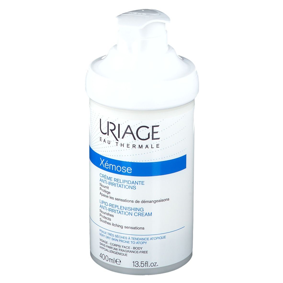 Flacone bianco con dosatore. Crema Uriage Xémose. Dettagli blu. Testo in francese. 400ml.