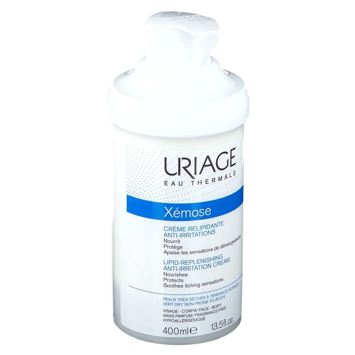 Flacone bianco con dosatore. Crema Uriage Xémose. Dettagli blu. Testo in francese. 400ml.