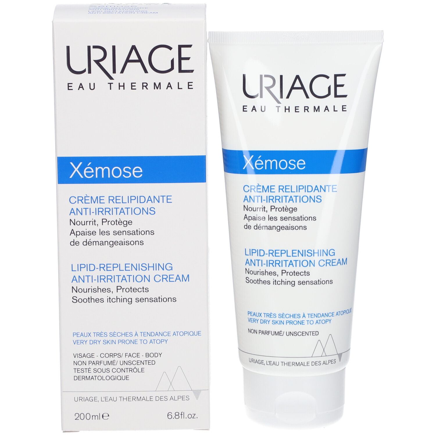 Uriage Xémose Crema e scatola. Crema e confezione. Testo: Crème relipidante anti-irritazioni.