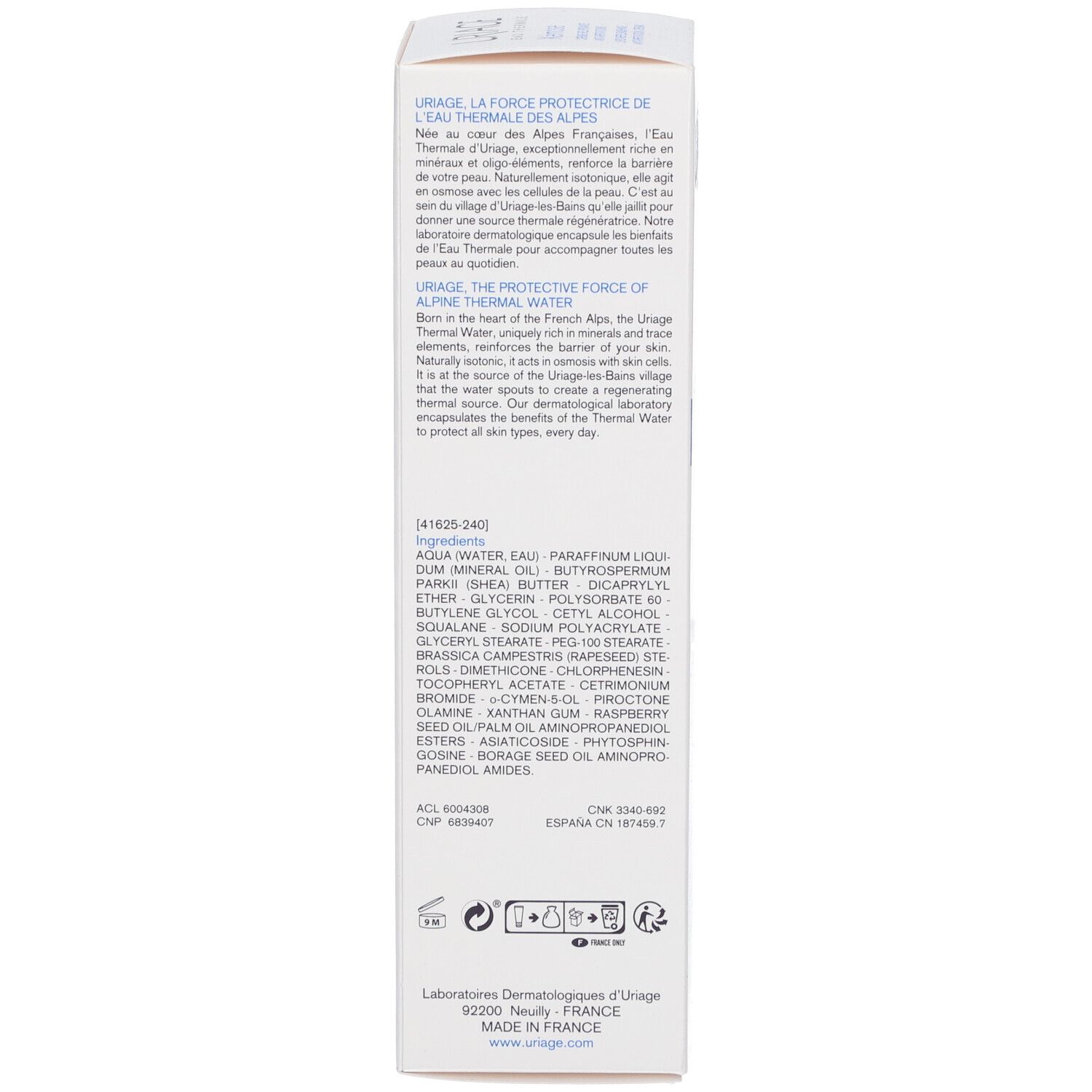 Scatola bianca. Testo: Uriage, la forza protettiva dell'acqua termale delle Alpi. Ingredienti.