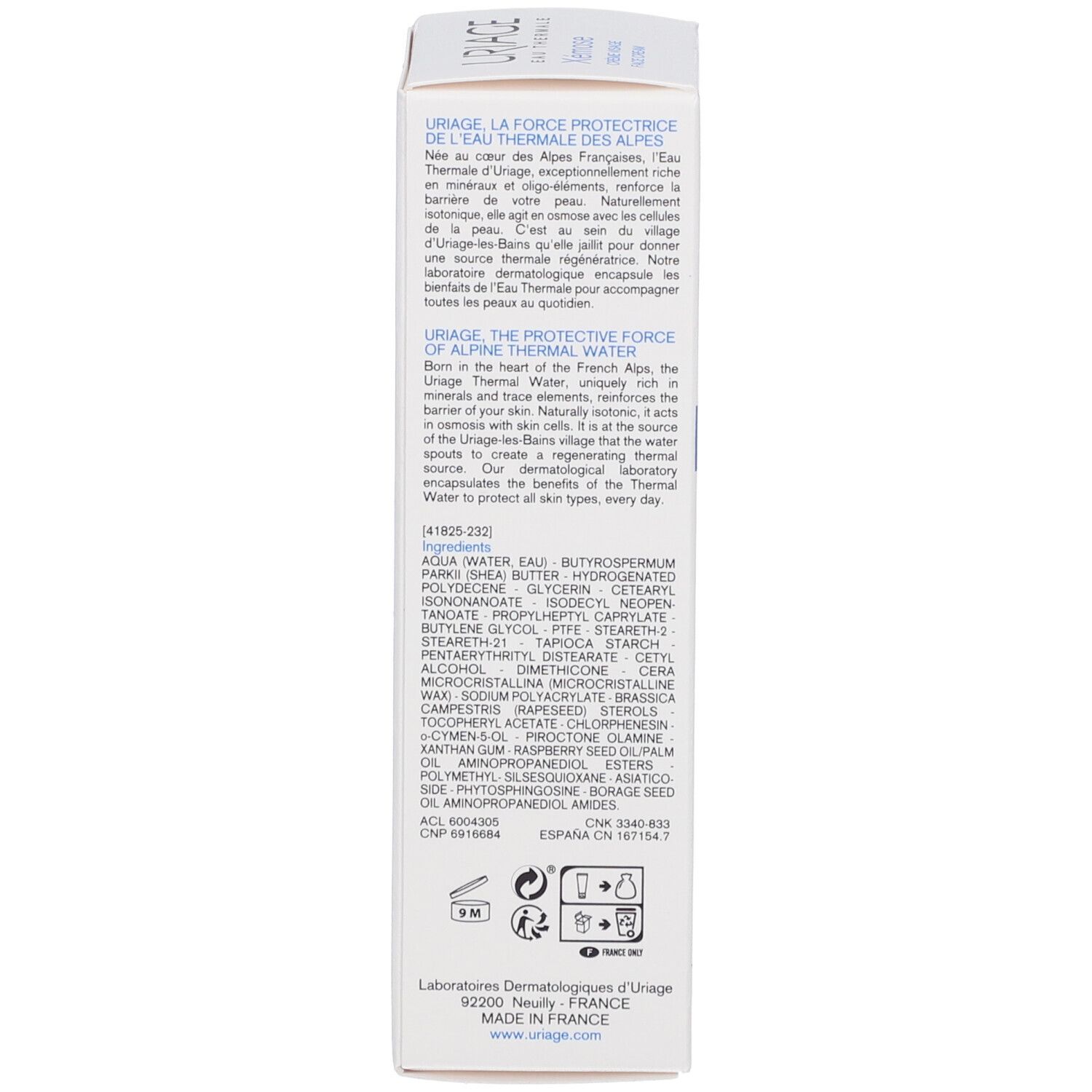 Scatola Uriage Xémose. Ingredienti, istruzioni, indirizzo produttore. Testo in francese e inglese.