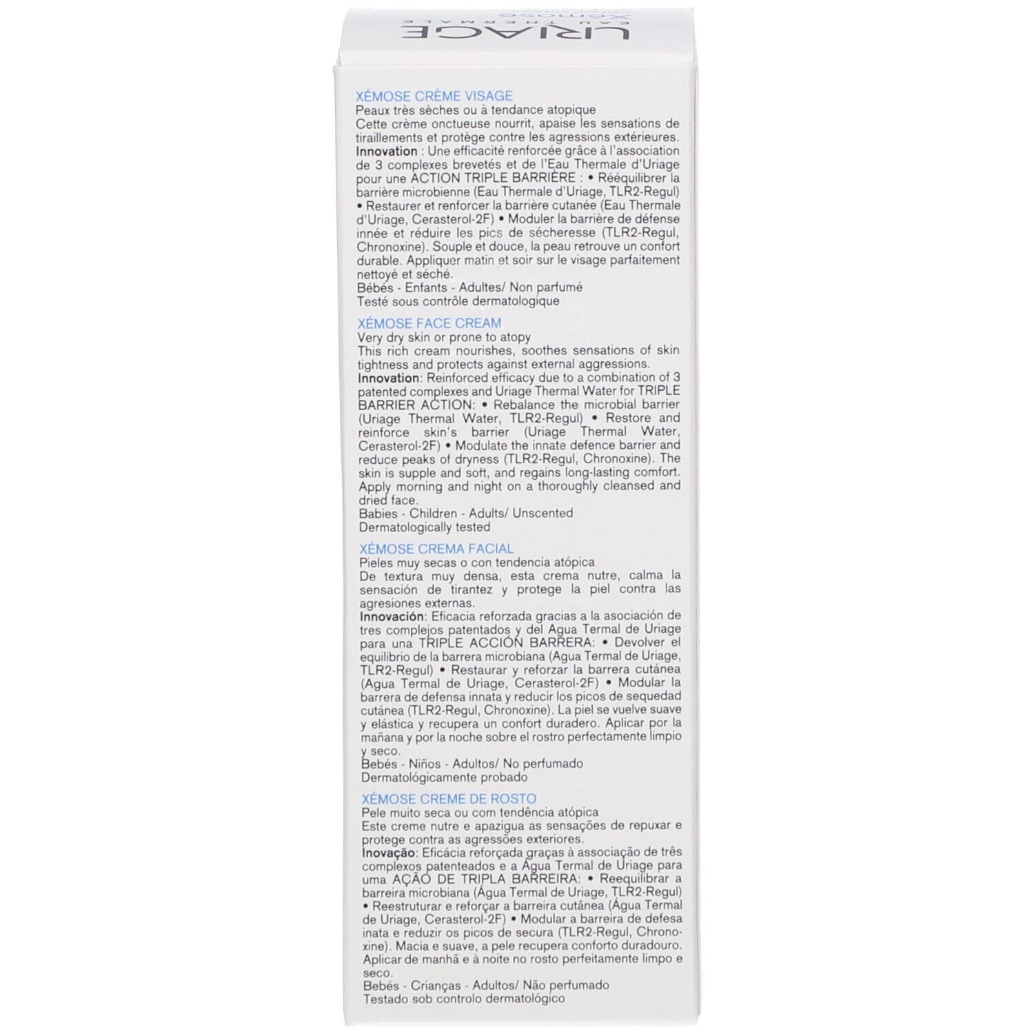 Scatola Uriage Xémose. Ingredienti, istruzioni, indirizzo produttore. Testo in francese e inglese.