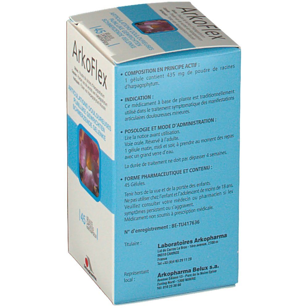 Retro della confezione ArkoFlex. Contiene informazioni su ingredienti, uso e dosaggio. 45 capsule.