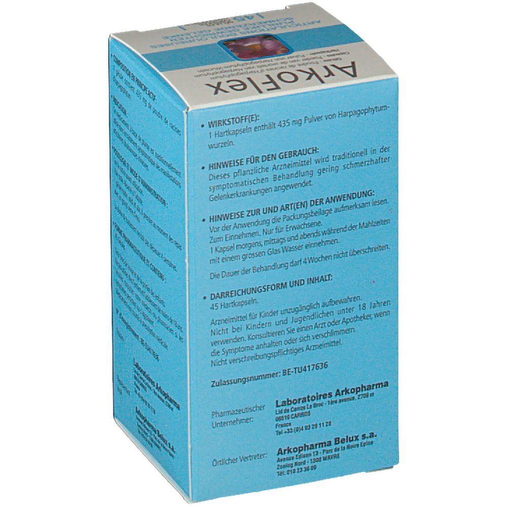 Retro della confezione ArkoFlex. Testo in tedesco. Informazioni su ingredienti, uso e dosaggio. 45 capsule.
