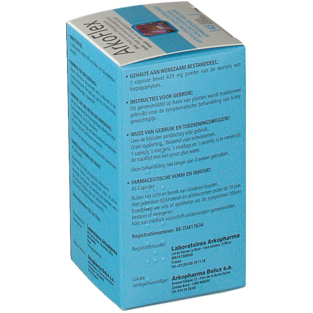 Retro della confezione ArkoFlex. Testo in olandese. Informazioni su ingredienti, uso e dosaggio. 45 capsule.