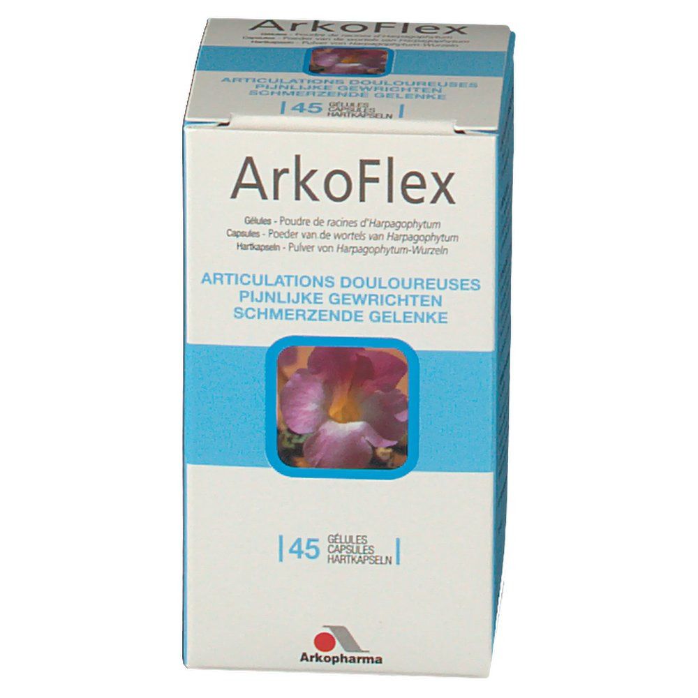 Confezione ArkoFlex. Scatola blu e bianca con nome del prodotto e immagine floreale. Contiene 45 capsule.