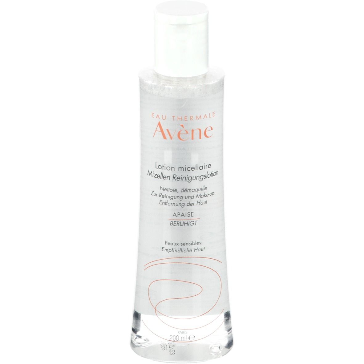 Flacone trasparente con tappo bianco. Scritta: Eau Thermale Avène, Lozione micellare. Per pelli sensibili.