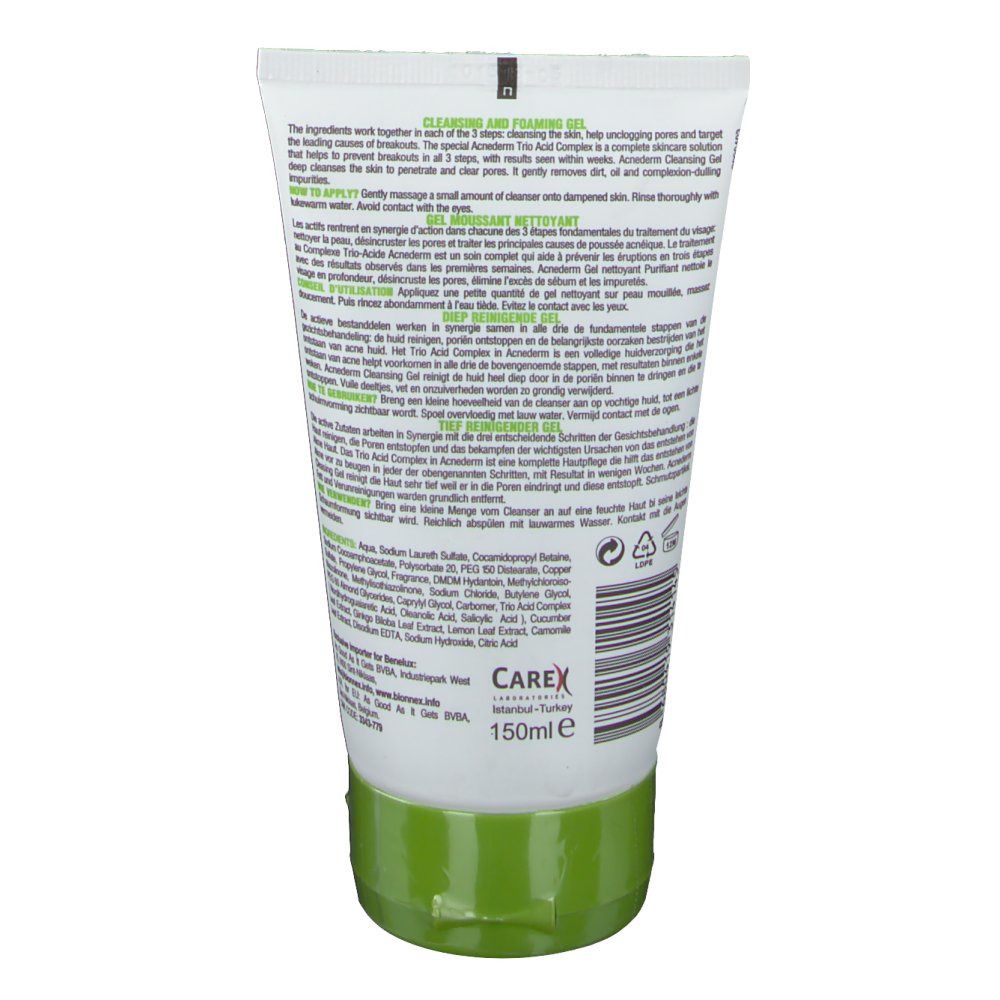 Retro del tubo di gel detergente schiumogeno Bionnex Acnederm. Testo multilingue. Contiene informazioni sugli ingredienti e l'uso. 150 ml.