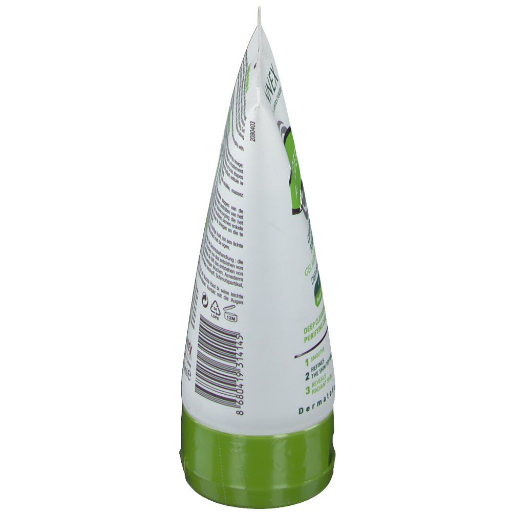 Vista laterale del tubo di gel detergente schiumogeno Bionnex Acnederm. Bianco, verde. Testo: Cleansing and Foaming Gel. Codice a barre e altre informazioni.