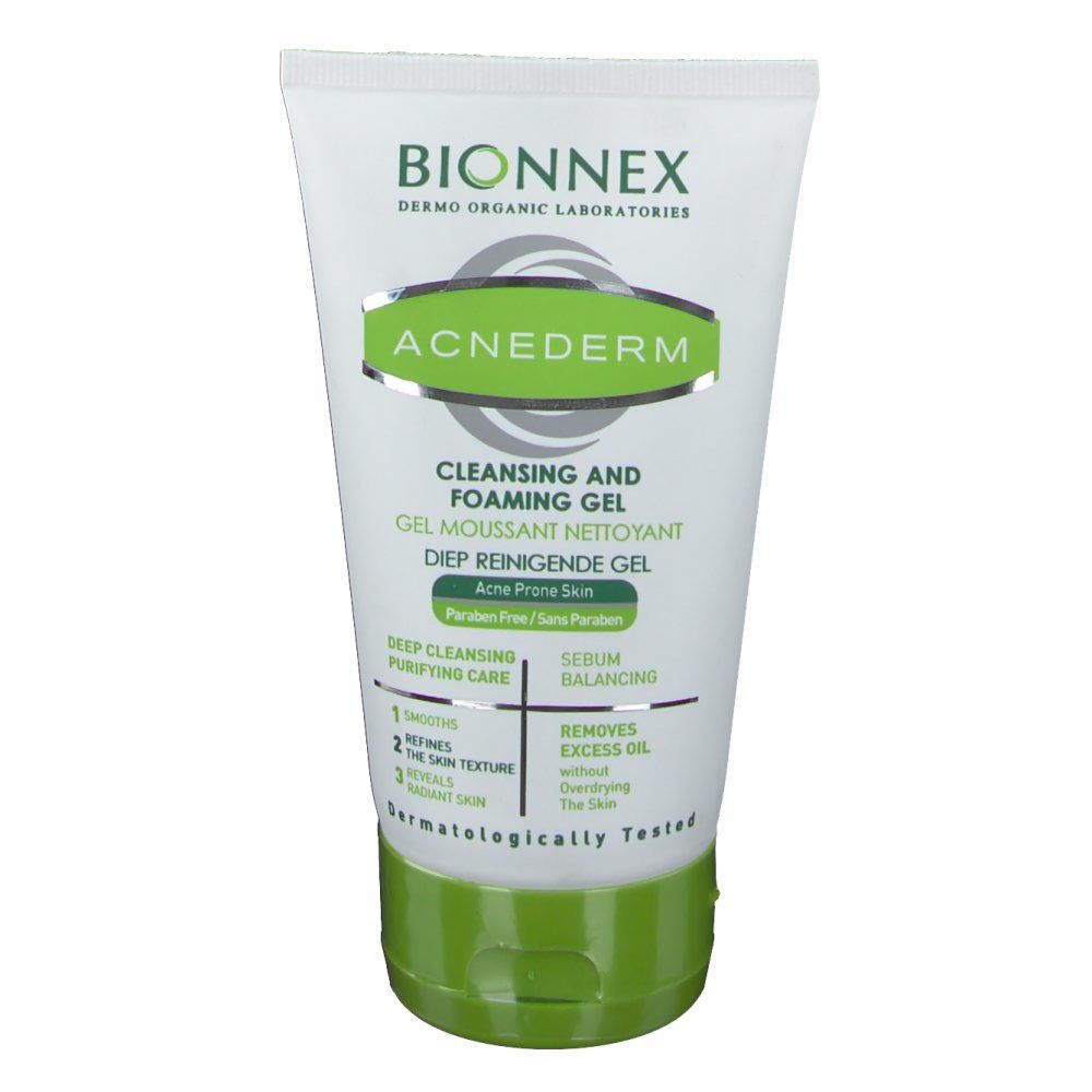 Tubo di gel detergente schiumogeno Bionnex Acnederm. Bianco, verde e argento. Testo: Acnederm, Cleansing and Foaming Gel, per pelli a tendenza acneica. Dermatologicamente testato.